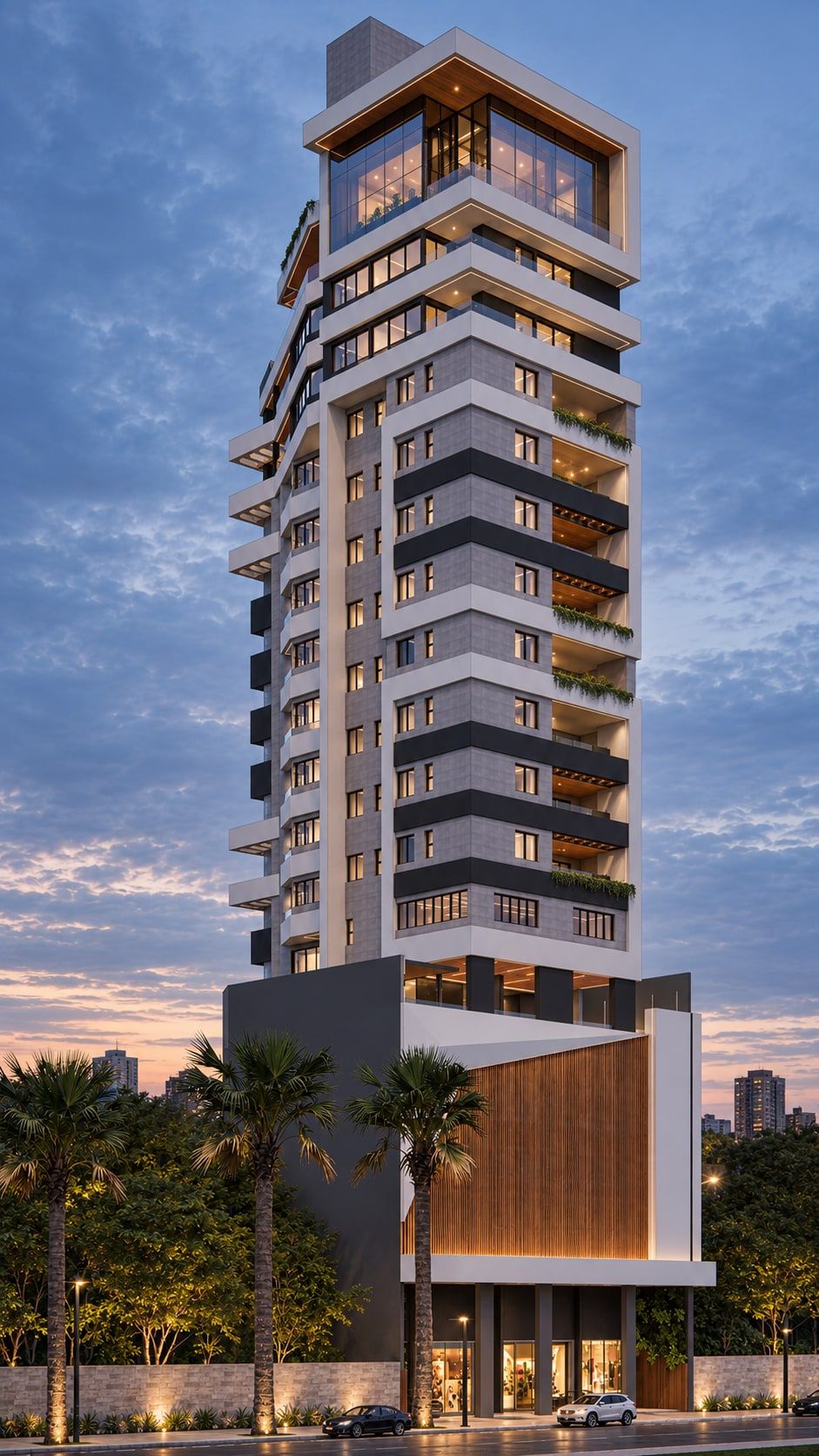 Fachada do Apogeu ao entardecer, no Jardim da Cidade, em Betim
