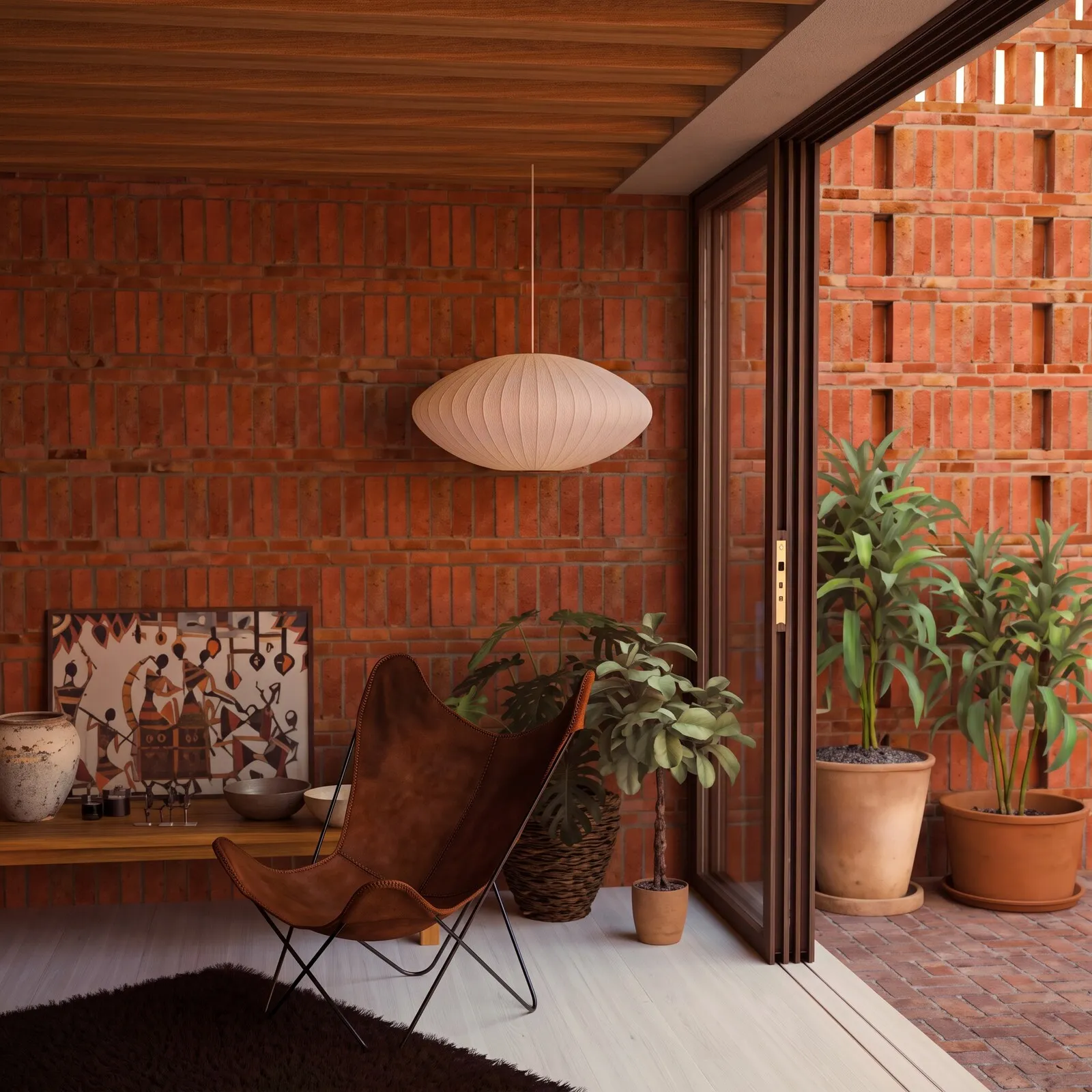Sala residencial com tijolos aparentes, plantas e poltrona de couro