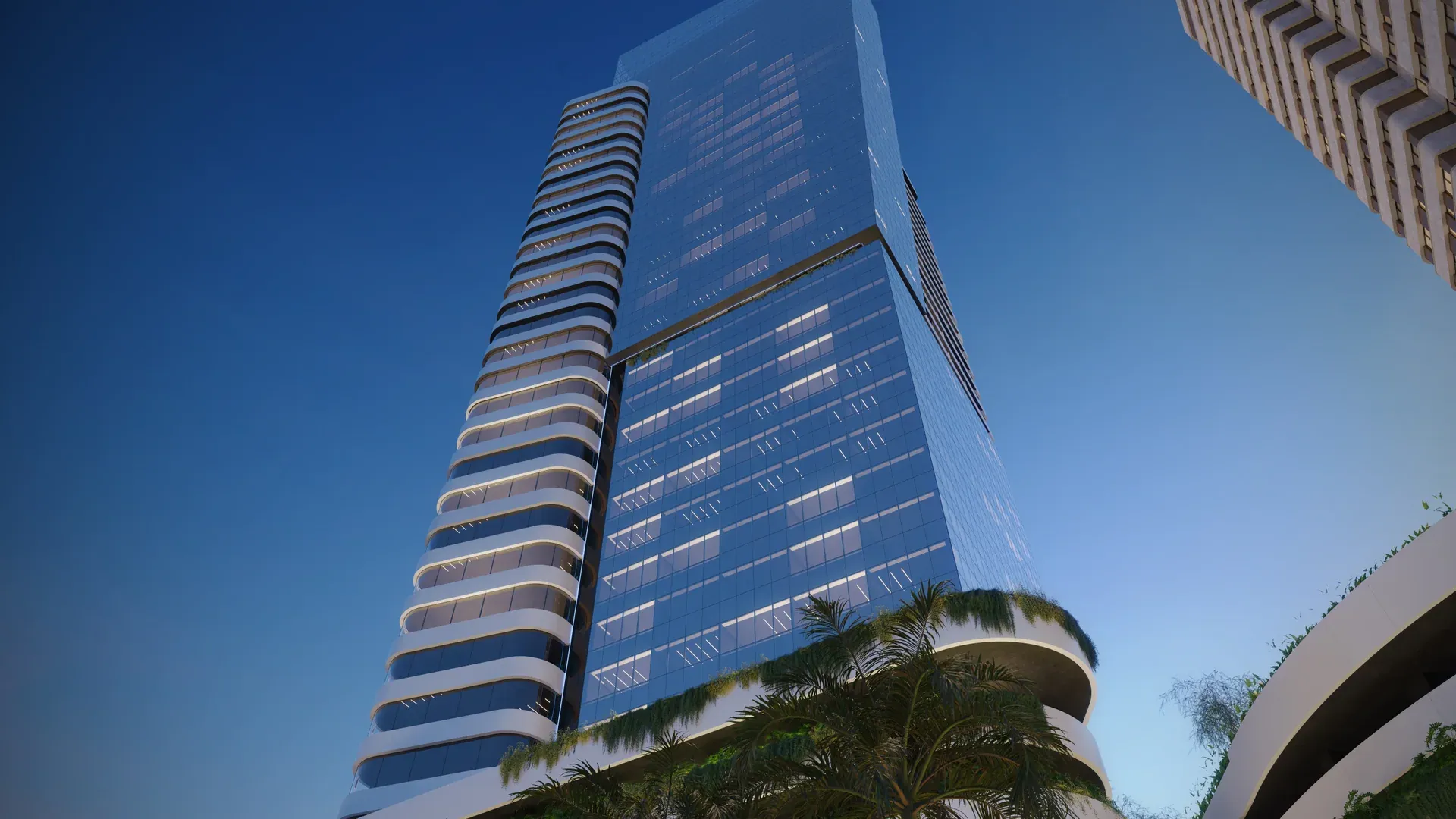 Fachada envidraçada do Santos Corporate, no Centro de Betim