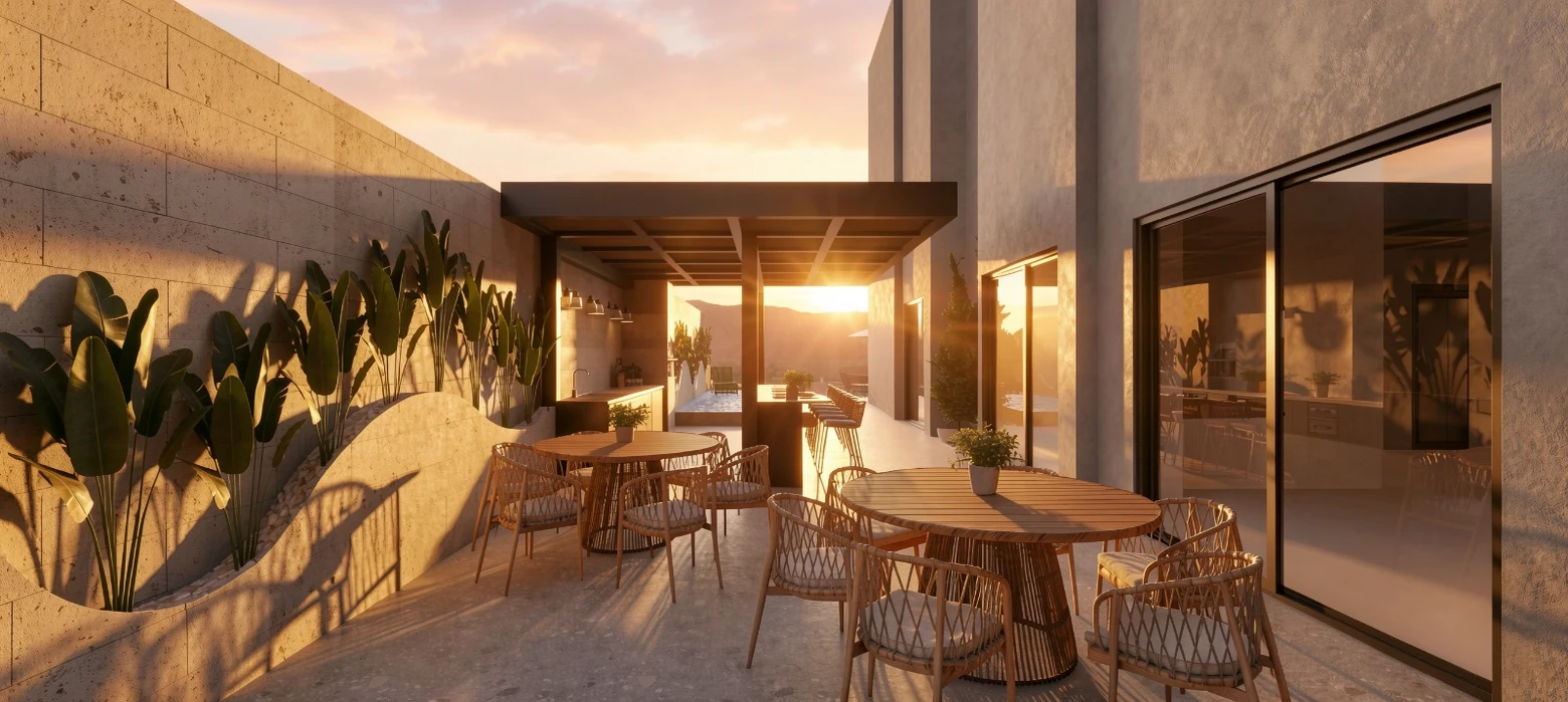 Área gourmet do Garden Tower ao pôr do sol