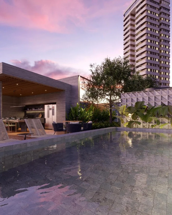 Ilustração do diferencial Quiosque gourmet com piscina e spa privativo no Nexus Residence