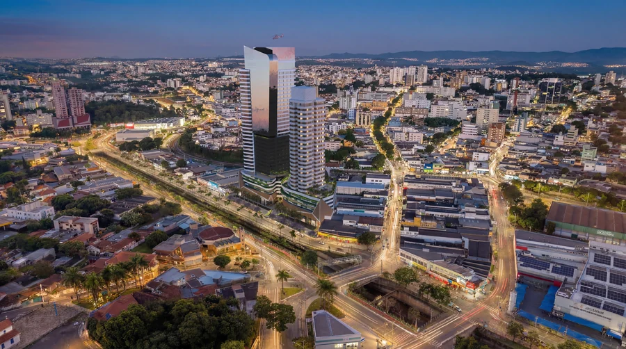 Vista aérea do Nexus Residence integrado ao Centro de Betim