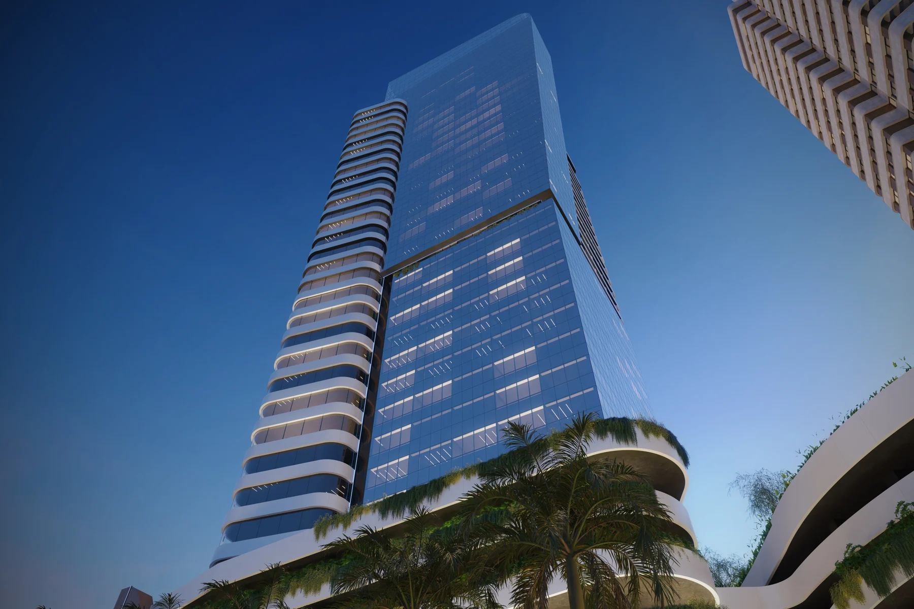 Torre envidraçada do Santos Corporate vista a partir do embasamento com paisagismo